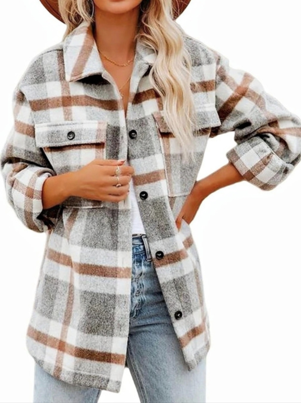 NWOT: Women's Plaid Flannel Shacket in Gray & Brown Size Medium